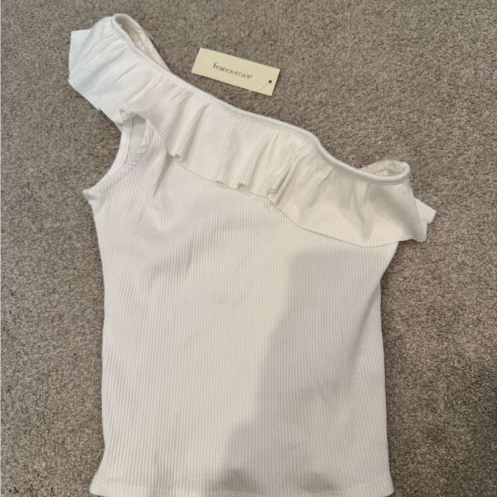 Francesca's Collections White One-Shoulder Ruffle Top
